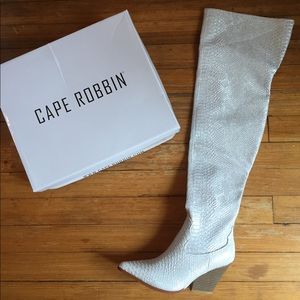 Shimmery Snake-Embossed Thigh High Boots